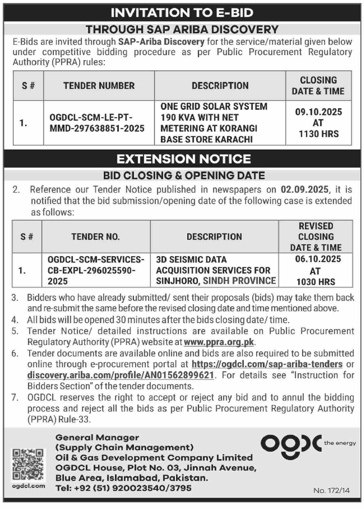 Oil & Gas Development Company Limited Islamabad Tender Notice